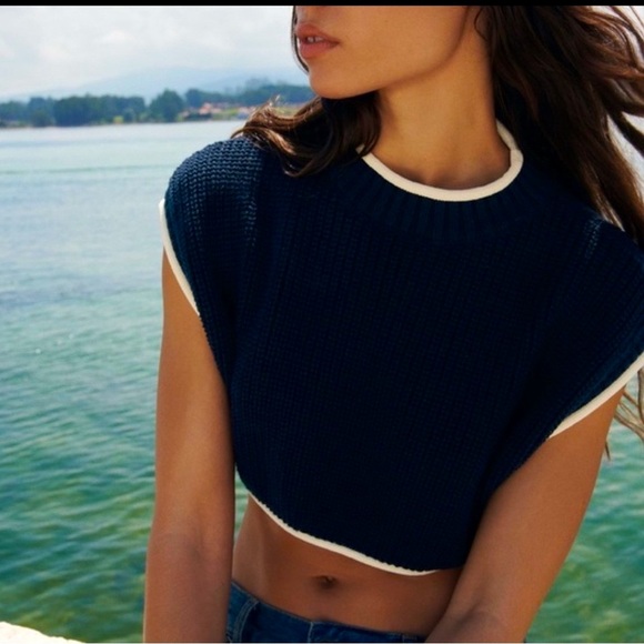 ZARA Navy Knit Crop Open Back Lace Up Sweater 2712/027/250 M - Picture 3 of 11